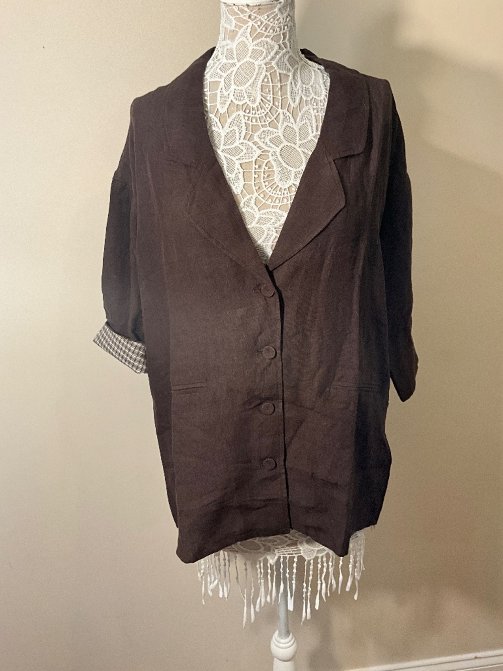 Linen dark brown blazer with folded sleeve size M